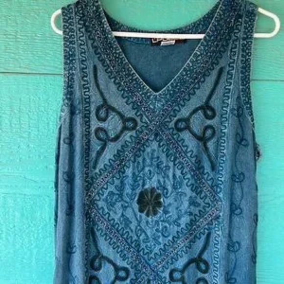 BATIK EMBROIDERED BLUE-on-BLUE TANK MAXI DRESS - Picture 2 of 11